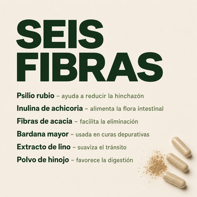 Seis fibras: psilio rubio, inulina de achicoria, fibras de acacia, bardana mayor, extracto de lino, polvo de hinojo