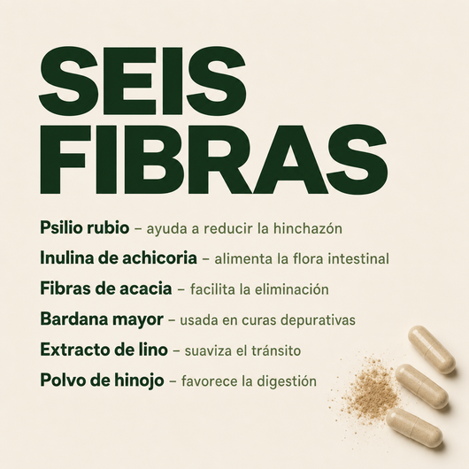 Seis fibras: psilio rubio, inulina de achicoria, fibras de acacia, bardana mayor, extracto de lino, polvo de hinojo