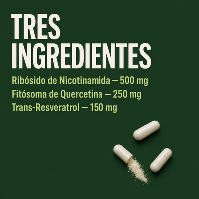 Tres ingredientes: Ribósido de Nicotinamida 500 mg, Fitósoma de Quercetina 250 mg, Trans-Resveratrol 150 mg