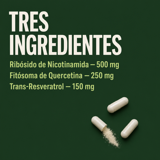Tres ingredientes: Ribósido de Nicotinamida 500 mg, Fitósoma de Quercetina 250 mg, Trans-Resveratrol 150 mg